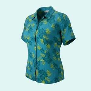 Liz Claiborne Liz Sport Women's S Teal Green Yellow Leaf Print Cotton Blouse